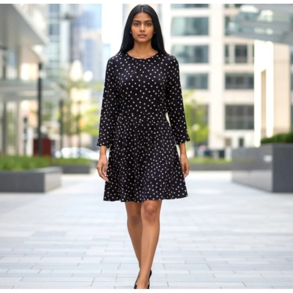 NWT Boden Black Pink Polka Dot Knit Dress‎ 3/4 Sleeve Fit Flare